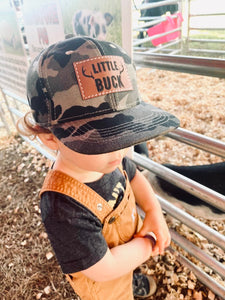 Big Buck + Little Buck Matching Hat Set for Dad and Son- Camo Deer Hunting Hats for Father and Baby/Toddler or Kids, Trucker Flat Bill Style