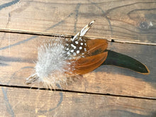 Load image into Gallery viewer, Feather Hat Pin, Lapel Accessory, Boho groomsmen boutonniere, Pheasant Feather Fedora or Cowboy Hat Accent, Country Western Wedding