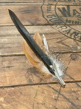 Load image into Gallery viewer, Feather Hat Pin, Lapel Accessory, Boho groomsmen boutonniere, Pheasant Feather Fedora or Cowboy Hat Accent, Country Western Wedding