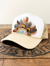 Load image into Gallery viewer, Feather Trucker Hat with Turquoise bead, Woman's Western Cowgirl Foam Snapback w/ Rope detail, Boho Rodeo Cap, Pheasant Feather Mesh Back