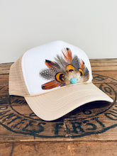 Load image into Gallery viewer, Feather Trucker Hat with Turquoise bead, Woman's Western Cowgirl Foam Snapback w/ Rope detail, Boho Rodeo Cap, Pheasant Feather Mesh Back