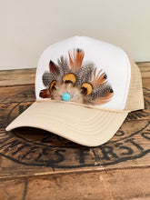 Load image into Gallery viewer, Feather Trucker Hat with Turquoise bead, Woman's Western Cowgirl Foam Snapback w/ Rope detail, Boho Rodeo Cap, Pheasant Feather Mesh Back