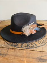 Load image into Gallery viewer, Feather Hat Pin, Lapel Accessory, Boho groomsmen boutonniere, Pheasant Feather Fedora or Cowboy Hat Accent, Country Western Wedding