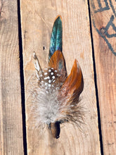 Load image into Gallery viewer, Feather Hat Pin, Lapel Accessory, Boho groomsmen boutonniere, Pheasant Feather Fedora or Cowboy Hat Accent, Country Western Wedding