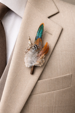 Load image into Gallery viewer, Feather Hat Pin, Lapel Accessory, Boho groomsmen boutonniere, Pheasant Feather Fedora or Cowboy Hat Accent, Country Western Wedding
