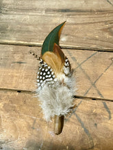 Load image into Gallery viewer, Feather Hat Pin, Lapel Accessory, Boho groomsmen boutonniere, Pheasant Feather Fedora or Cowboy Hat Accent, Country Western Wedding