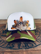 Load image into Gallery viewer, Feather Trucker Hat with Brass Rivet, Woman's Western Cowgirl Camo Foam Snapback w/ Rope detail, Boho Rodeo Cap, Pheasant Feather design on Camouflage cap