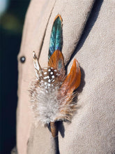 Load image into Gallery viewer, Feather Hat Pin, Lapel Accessory, Boho groomsmen boutonniere, Pheasant Feather Fedora or Cowboy Hat Accent, Country Western Wedding