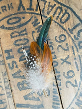 Load image into Gallery viewer, Feather Hat Pin, Lapel Accessory, Boho groomsmen boutonniere, Pheasant Feather Fedora or Cowboy Hat Accent, Country Western Wedding
