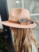 Load image into Gallery viewer, Feather Hat Pin, Lapel Accessory, Boho groomsmen boutonniere, Pheasant Feather Fedora or Cowboy Hat Accent, Country Western Wedding
