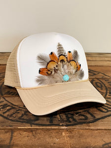 Feather Trucker Hat with Turquoise bead, Woman's Western Cowgirl Foam Snapback w/ Rope detail, Boho Rodeo Cap, Pheasant Feather Mesh Back