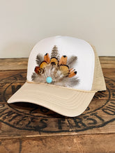 Load image into Gallery viewer, Feather Trucker Hat with Turquoise bead, Woman&#39;s Western Cowgirl Foam Snapback w/ Rope detail, Boho Rodeo Cap, Pheasant Feather Mesh Back
