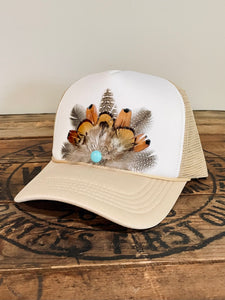 Feather Trucker Hat with Turquoise bead, Woman's Western Cowgirl Foam Snapback w/ Rope detail, Boho Rodeo Cap, Pheasant Feather Mesh Back