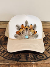 Load image into Gallery viewer, Feather Trucker Hat with Turquoise bead, Woman&#39;s Western Cowgirl Foam Snapback w/ Rope detail, Boho Rodeo Cap, Pheasant Feather Mesh Back
