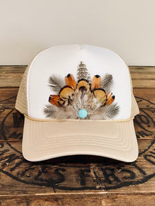 Feather Trucker Hat with Turquoise bead, Woman's Western Cowgirl Foam Snapback w/ Rope detail, Boho Rodeo Cap, Pheasant Feather Mesh Back
