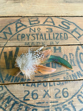 Load image into Gallery viewer, Feather Hat Pin, Lapel Accessory, Boho groomsmen boutonniere, Pheasant Feather Fedora or Cowboy Hat Accent, Country Western Wedding
