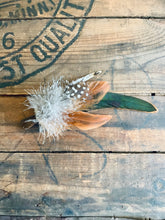 Load image into Gallery viewer, Feather Hat Pin, Lapel Accessory, Boho groomsmen boutonniere, Pheasant Feather Fedora or Cowboy Hat Accent, Country Western Wedding
