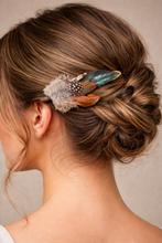 Load image into Gallery viewer, Feather Hat Pin, Lapel Accessory, Boho groomsmen boutonniere, Pheasant Feather Fedora or Cowboy Hat Accent, Country Western Wedding
