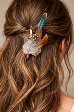 Load image into Gallery viewer, Feather Hat Pin, Lapel Accessory, Boho groomsmen boutonniere, Pheasant Feather Fedora or Cowboy Hat Accent, Country Western Wedding
