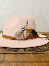 Load image into Gallery viewer, Feather Hat Pin, Lapel Accessory, Boho groomsmen boutonniere, Pheasant Feather Fedora or Cowboy Hat Accent, Country Western Wedding
