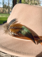 Load image into Gallery viewer, Feather Hat Pin, Lapel Accessory, Boho groomsmen boutonniere, Pheasant Feather Fedora or Cowboy Hat Accent, Country Western Wedding
