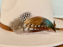 Load image into Gallery viewer, Feather Hat Pin, Lapel Accessory, Boho groomsmen boutonniere, Pheasant Feather Fedora or Cowboy Hat Accent, Country Western Wedding
