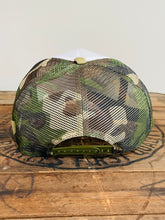 Load image into Gallery viewer, Feather Trucker Hat with Brass Rivet, Woman&#39;s Western Cowgirl Camo Foam Snapback w/ Rope detail, Boho Rodeo Cap, Pheasant Feather design on Camouflage cap
