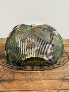 Feather Trucker Hat with Brass Rivet, Woman's Western Cowgirl Camo Foam Snapback w/ Rope detail, Boho Rodeo Cap, Pheasant Feather design on Camouflage cap