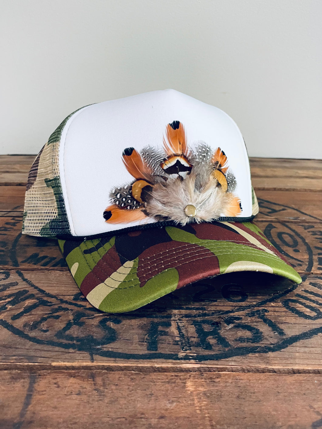 Feather Trucker Hat with Brass Rivet, Woman's Western Cowgirl Camo Foam Snapback w/ Rope detail, Boho Rodeo Cap, Pheasant Feather design on Camouflage cap