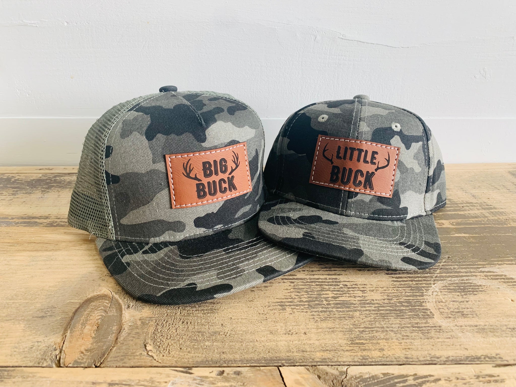 Big Buck + Little Buck Matching Hat Set for Dad and Son- Camo Deer Hunting  Hats for Father and Baby/Toddler or Kids, Trucker Flat Bill Style